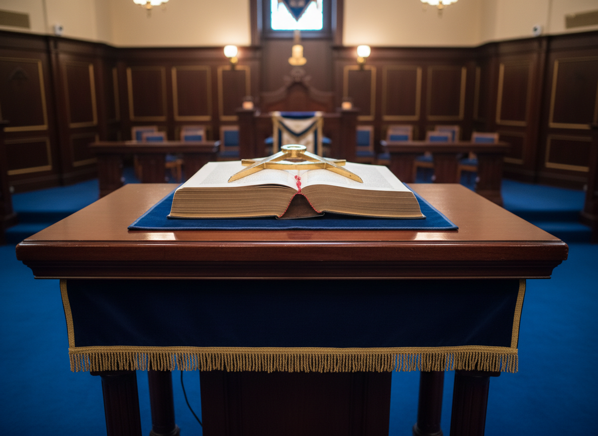 A dignified Masonic altar composed of rich, dark polished wood, featuring an open, leather-bound book with gilded page edges, a square and compasses emblem in brushed brass, and a deep blue velvet cloth embroidered with gold fringe. The altar stands in the center of a formal lodge room with paneled walls, royal blue carpet, and subtle gold accents. Soft, warm overhead lighting and gentle wall sconces create a reverent, professional atmosphere, casting delicate reflections on the metal emblem. Photographic realism at eye level, with a shallow depth of field that keeps the altar in crisp focus while the background recedes into a tasteful, slightly blurred bokeh, conveying tradition, integrity, and solemn purpose.